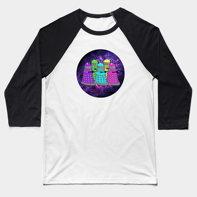 Neon Space Daleks - Doctor Who Baseball T-Shirt by SOwenDesign